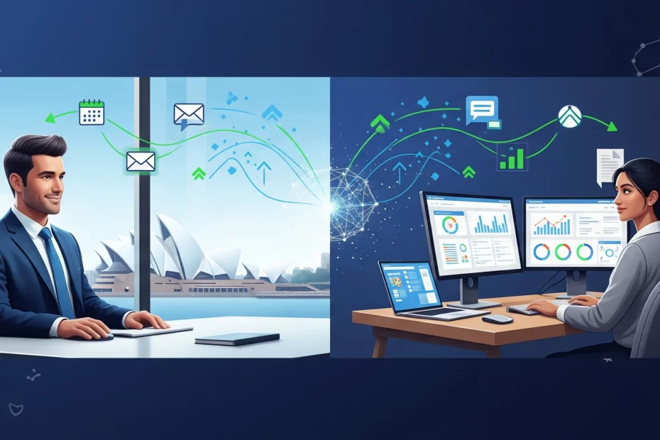 Australian business professional connected to virtual assistant through digital workflow, illustrating remote hiring and collaboration for CrossAngle's comprehensive VA hiring guide