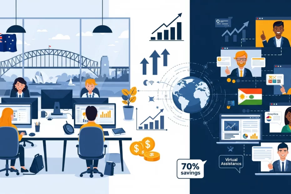 Benefits of outsourcing illustration showing Australian business team collaborating with offshore staff, demonstrating cost savings and global talent access for business growth
