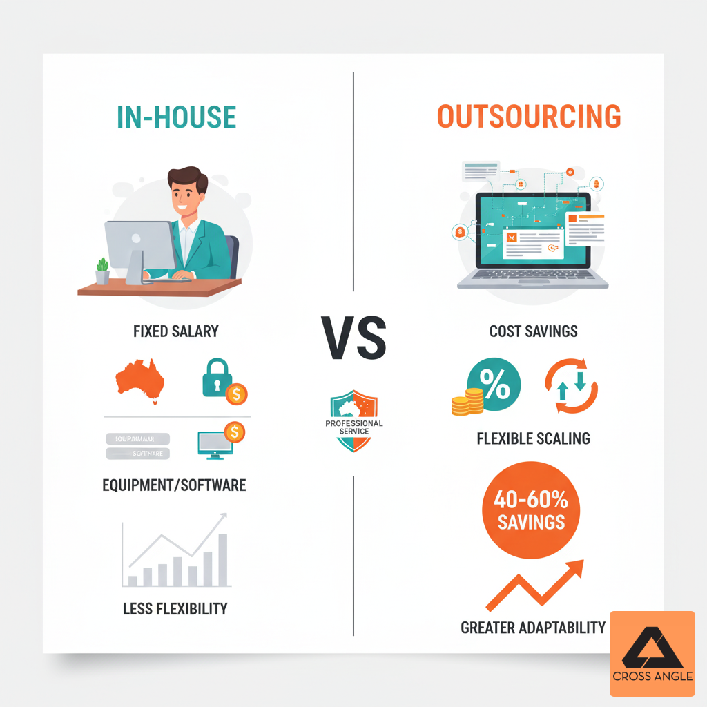 In-house graphic design versus outsourcing comparison chart highlighting cost savings, flexibility benefits, and business advantages for Australian companies