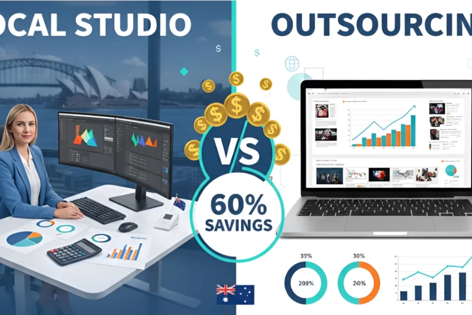 Graphic design outsourcing cost comparison showing in-house designer workspace versus outsourcing benefits with charts and savings analysis for Australian businesses