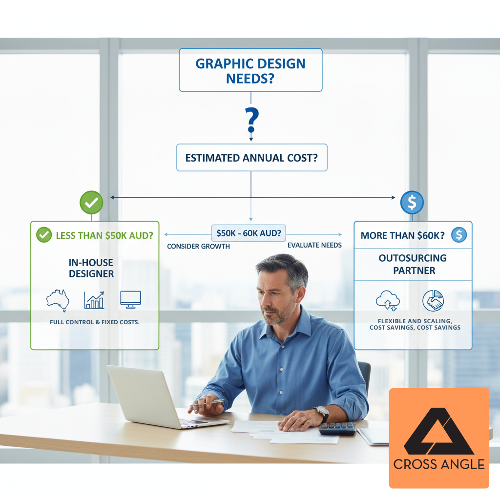 Business decision flowchart for choosing between in-house graphic design hiring or outsourcing services based on budget and requirements in Australia