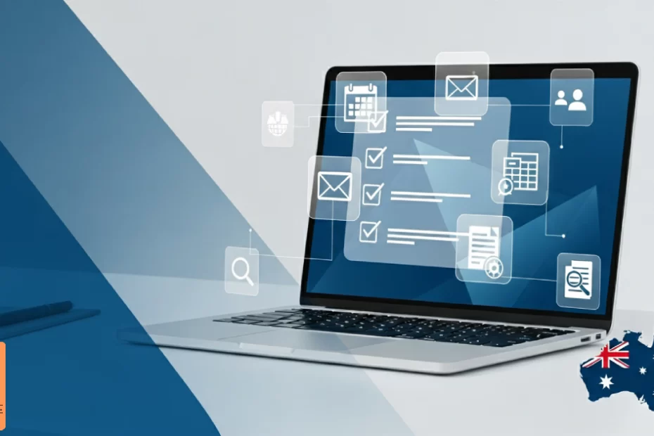 Professional workspace showing laptop with virtual assistant task management icons floating above screen, representing top tasks Australian businesses can outsource to virtual assistants for improved productivity