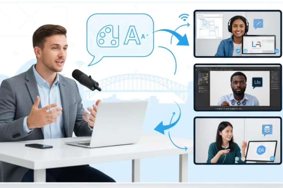 Australian business professional communicating with remote graphic design team through video call, showing effective outsourcing collaboration strategies