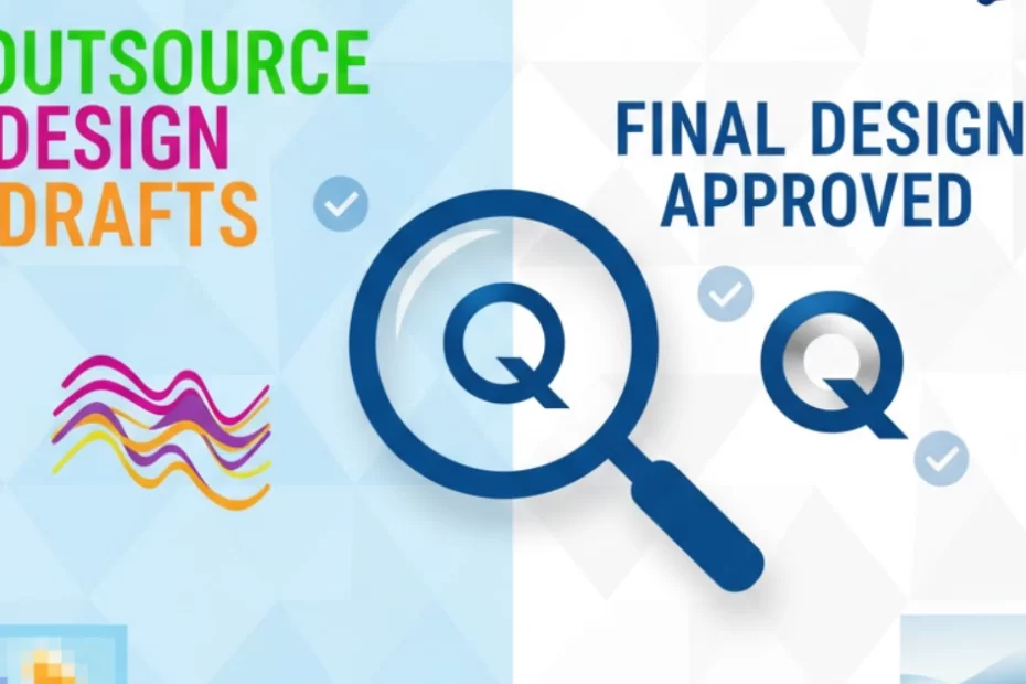 Professional graphic design quality control comparison showing messy versus clean design elements with magnifying glass inspection tool for Australian businesses
