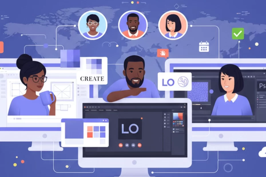 Illustration of remote graphic design team members collaborating across different locations using digital tools and video conferencing