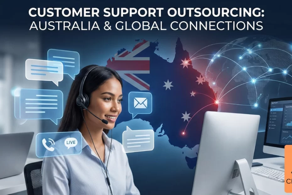 Professional customer service representative with headset surrounded by communication icons and Australian map, representing customer support outsourcing solutions for Australian businesses
