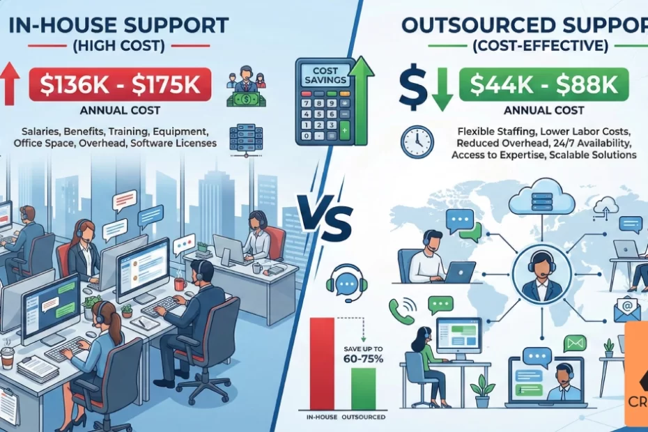 Cost comparison infographic showing in-house vs outsourced customer support expenses for Australian businesses with dollar amounts and savings calculation