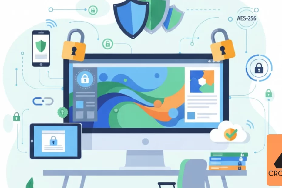 Modern graphic design workspace showing computer with design software, security shields, locks and confidential document protection symbols representing secure design outsourcing practices