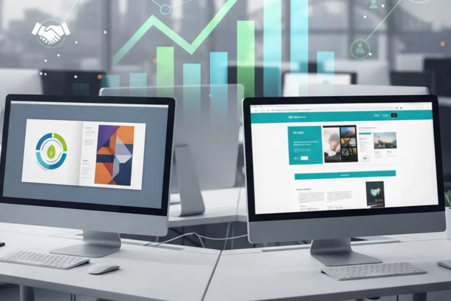 Professional office workspace showing graphic design projects on multiple screens with business growth charts, representing scaling business through graphic design outsourcing services