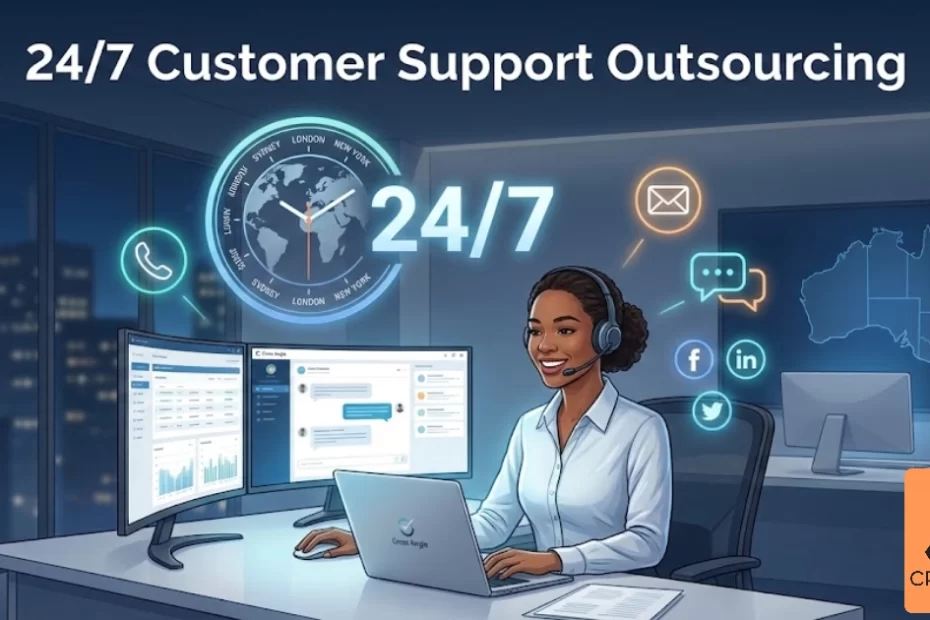 24/7 customer support outsourcing illustration showing professional agent with headset providing round the clock customer service for Australian businesses