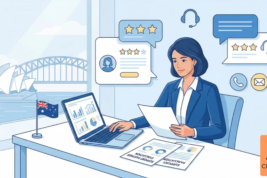 Australian business owner evaluating customer support outsourcing partner options with documents and multi-channel support icons