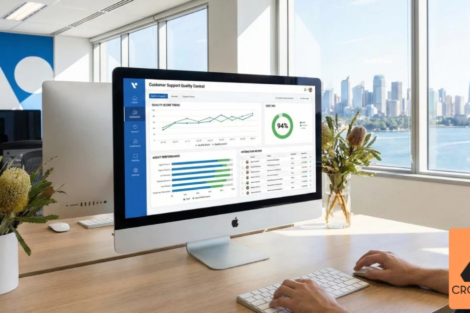 Customer support outsourcing quality control dashboard showing performance metrics and quality scores at Cross Angle