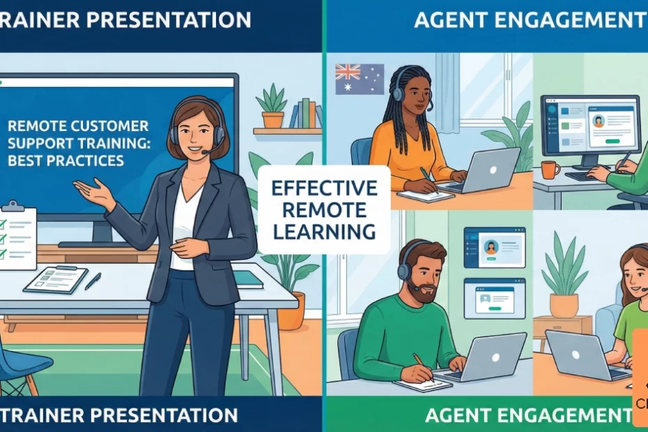 Cross Angle trainer conducting remote customer support team training session with multiple screens showing video calls and training materials for Australian businesses