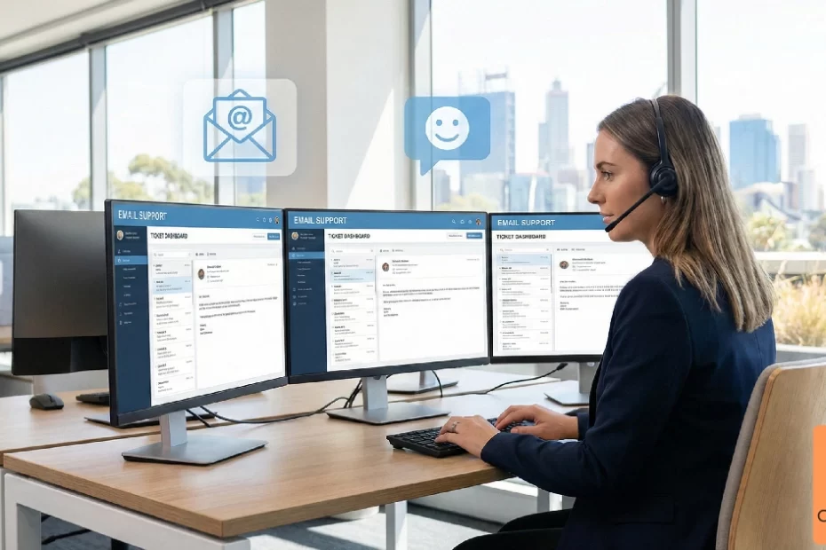 Customer service professional managing high volume email support tickets on multiple monitors