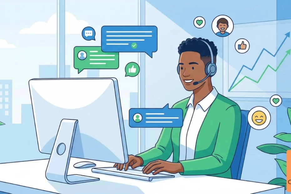 Professional live chat support representative providing customer service with conversion metrics showing increased sales