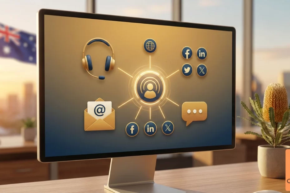 Multi-channel customer support outsourcing dashboard showing integrated phone, email, chat and social media channels